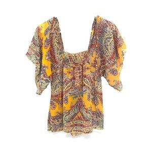 Bananas Monkey Boho Paisley Blouse, Size Not Marked, XS, Yellow & Orange.
